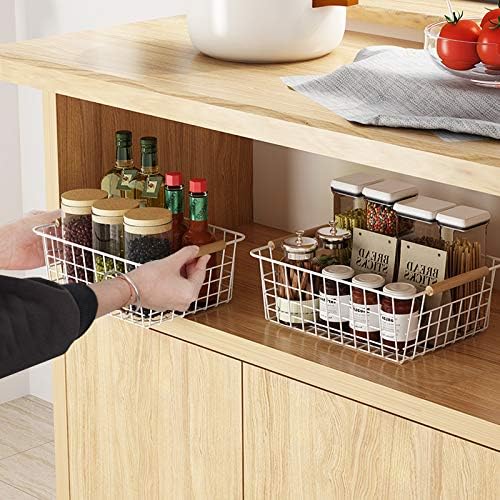 LeleCAT White Wire Baskets for Organizing with Handles,Pantry Organizers and Storage For Kitchen, Household Snack Basket for Cabinets, Closets, Bedrooms,food - Set of 4(White)