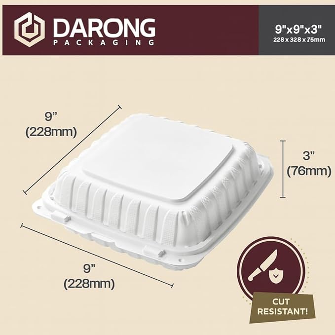 Darong 9x9x3 Clamshell Food Containers with Lids – 150 per Case + 80pcs Bonus Thank You T-Shirt Bags | Disposable Takeout Boxes, 1 Compartment, Microwave & Refrigerator Safe, 100% Recyclable
