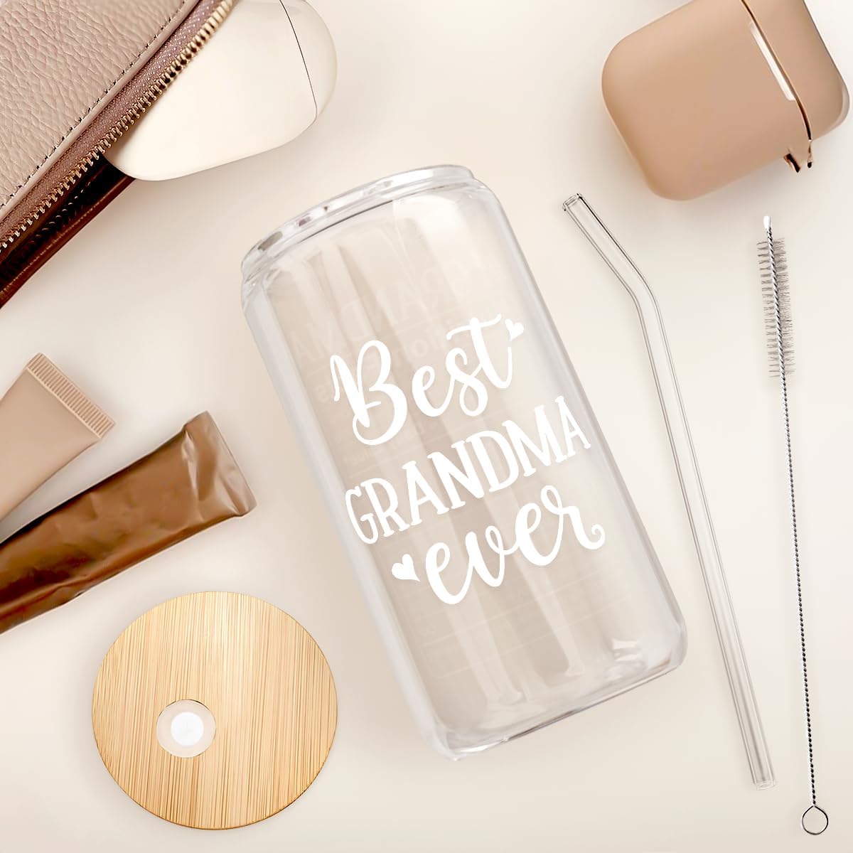 Grandma 16 Oz Can Glass Tumbler with Bamboo Lid and Straw - Iced Coffee Cups for Women, Aesthetic Glass Cup Gift for Grandmother Nana Birthday Christmas Mother's Day