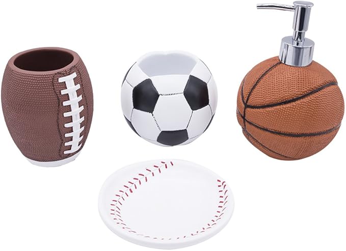 4-Piece Sports Bathroom Accessories Set Complete with Basketball Lotion/Soap Dispenser,Soccer Bath Cup/Tumbler,Base Ball Soap Dish,Football Toothbrush Holder
