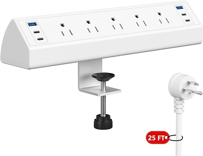 Desk Clamp Power Strip USB C,Under Desk Mount Power Station,20W Fast Charging,Fits 1.9'' Tabletop Edge,Desk Surge Protector,Perfect Home,Office Supplies (White, 5 Outlets & 6 USB Ports & 25 FT Cable)