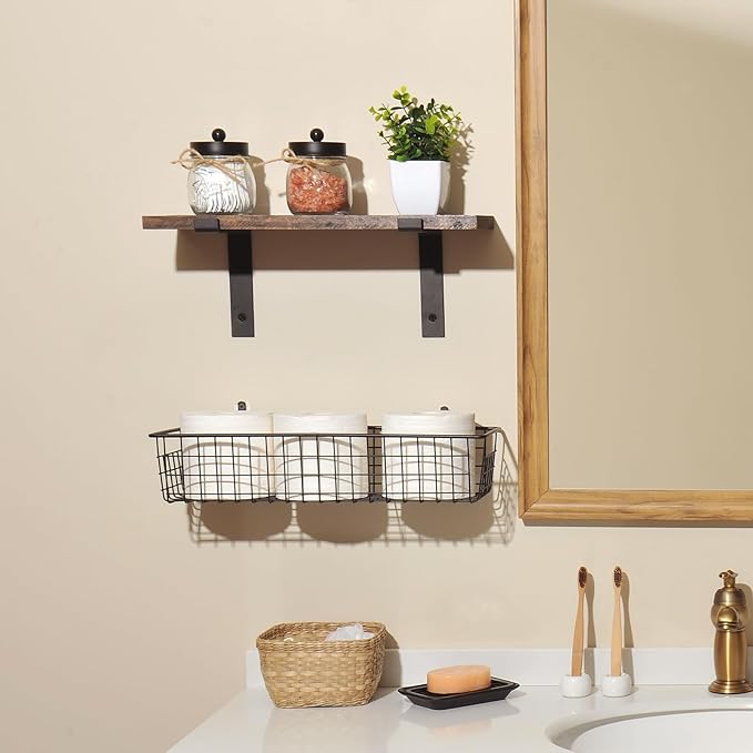 SheeChung Mason Jar Bathroom Accessories Set with Floating Shelves, Soap Dispenser, Toothbrush Holder, Qtip Holders, Paper Storage, Artificial Plant, Decor Sign, Farmhouse Bathroom Decor-Rustic Brown