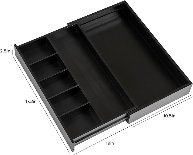 Adjustable Kitchen Drawer Organizer for Utensils and Junk, Food-Safe Contract Grade with 100% Sustainable Wood, Expandable from 10.5 to 19 Inches Wide - Black Bamboo
