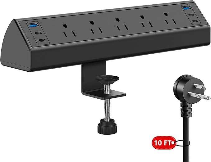 Desk Clamp Power Strip USB C,Under Desk Mount Power Station,20W Fast Charging,Fits 1.9'' Tabletop Edge,Desk Surge Protector,Perfect Home,Office Supplies (Black, 5 Outlets & 6 USB Ports & 10 FT Cable)