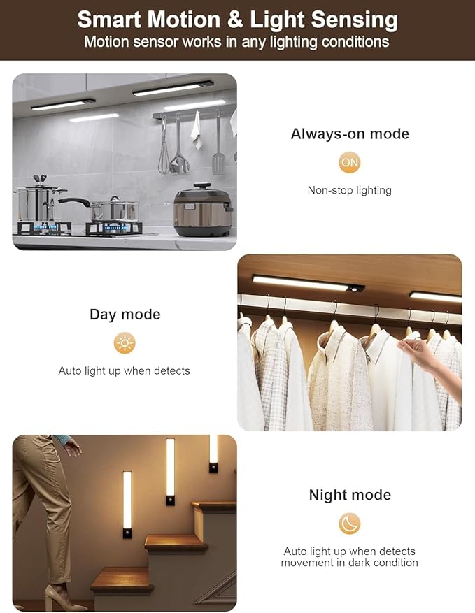 8 Pack Under Cabinet Lights, Rechargeable Motion Sensor Light Indoor, LED Closet Lights Wireless, 3 Color Dimmable Under Cabinet Lighting, Magnetic, Closet Light with Remote Control for Kitchen