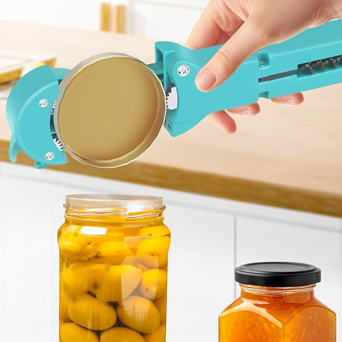7 in 1 Jar Opener Bottle Opener and Wine Opener for Seniors with Arthritis, Weak Hands, Multi Retractable Magnetic Can Opener, Original Kitchen Lid Opener Tool (Cyan)