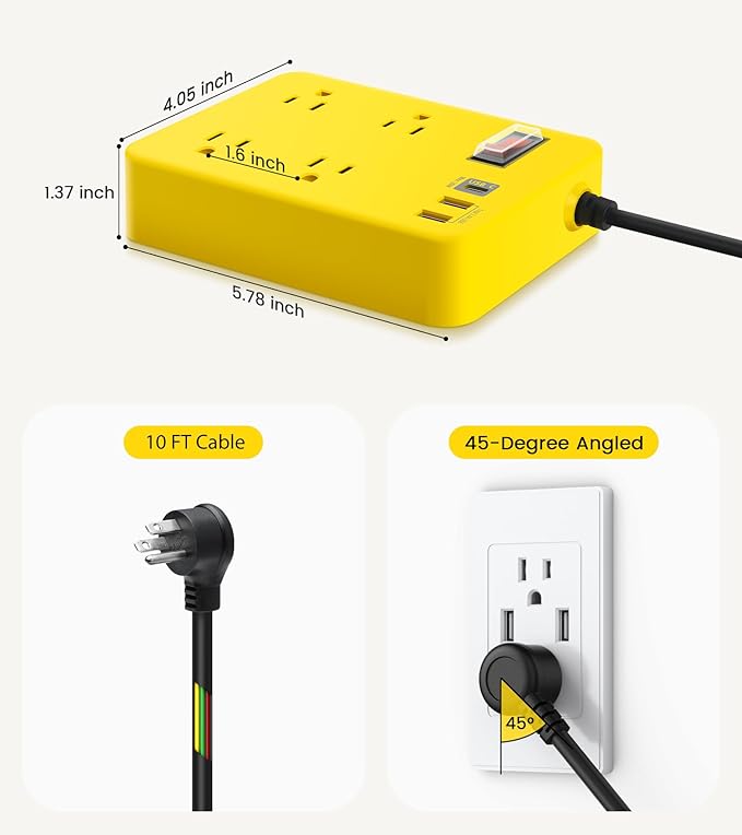Outdoor Power Strip Weatherproof,Fast Charging Station 20W USB C,Waterproof Surge Protector 4 Outlets, Multi Outlet Extension for Camping, Garden, Kitchen,Bathroom,Flat Plug (Yellow, 10 FT Cable)