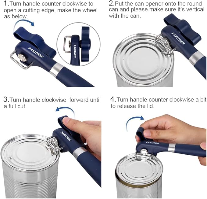 PAKITNER-Cut safe can opener, Manual can opener smooth edge-handheld Side cut can opener, Ergonomic Smooth Edge, Food Grade Stainless Steel Cutting Can Opener for Home, Kitchen & Restaurant,Navy Blue