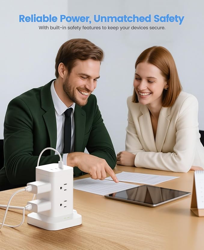 11-in-1 Power Strip Tower with Surge Protector 1800J, Fast Charging Tower PD20W USB-C Ports with 8 AC Outlets, 6ft Extension Cord for Home Office Dorm Room, White