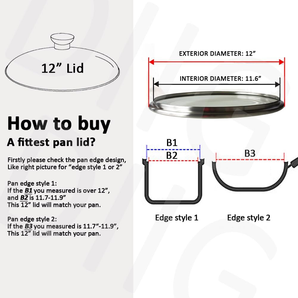 12 In Glass Lid for Frying Pan, Tempered Replacement Cover Compatible with All 12 inches Cookware for Skillets, Round Cast Iron, Cast Aluminium, Stainless Steel Pans &Pots