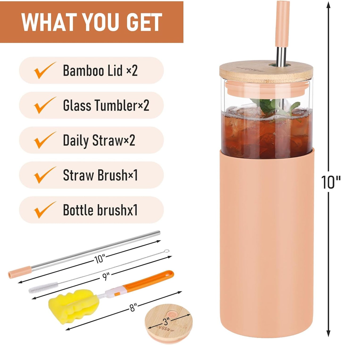 Glass Tumbler w/Lids & Straw - 24oz Reusable Glass Mug/Bamboo Lid & Stainless Steel Straw-BPA Free, Leak-Proof, Dishwash Safe for Coffee, Smoothies, Hot Beverages, Travel, Office, Home Use,2-PK
