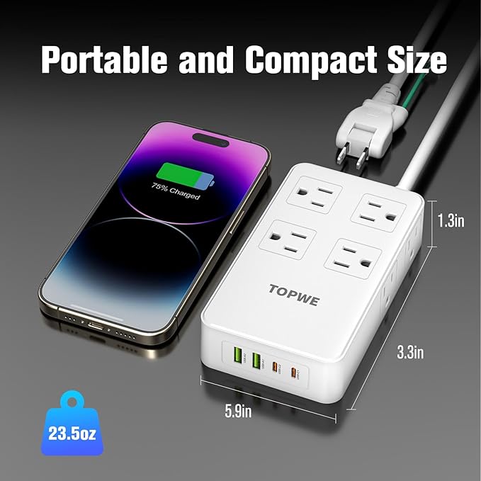 Power Strip Surge Protector with Multiple Outlets, Charging Station(100W Max), Flat Plug Extension Cord 10 Ft Long Cord, 8 Outlets & 4 USB Ports (2 USB C), Desk Charging Station for Home Office