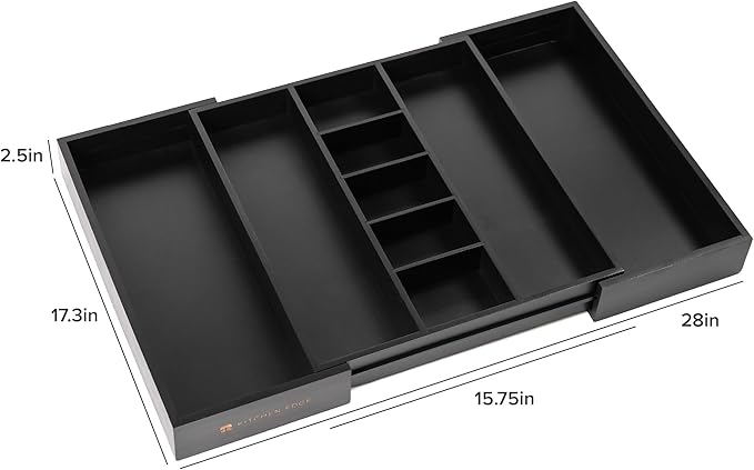 Adjustable Kitchen Drawer Organizer for Utensils and Junk, Food-Safe Contract Grade with 100% Sustainable Wood, Expandable from 16 to 28 Inches Wide - Black Bamboo