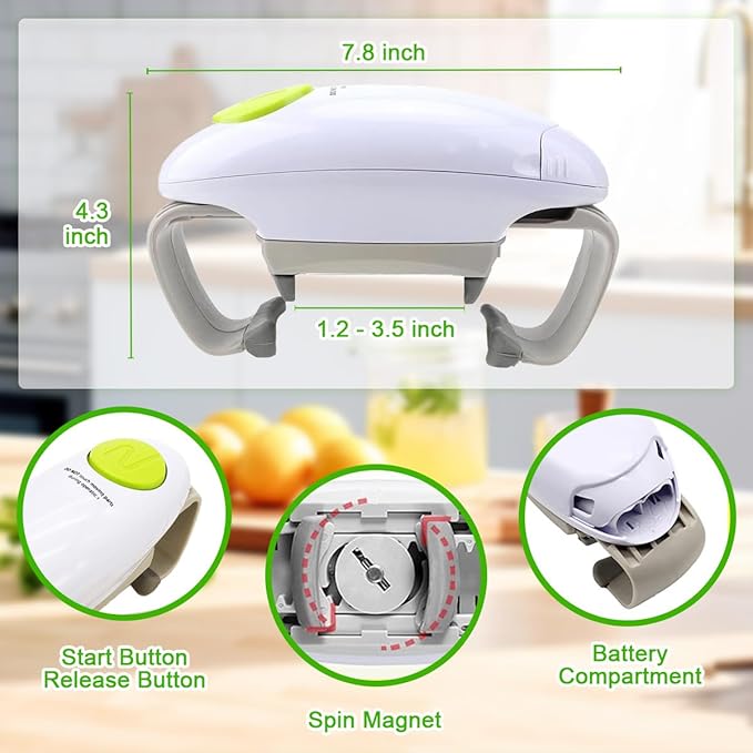 Automatic Jar Opener for Elderly and Arthritis, One-Button Electric Jar Opener for Weak Hands, Fits Most Jars, Ideal Kitchen Aid & Gift