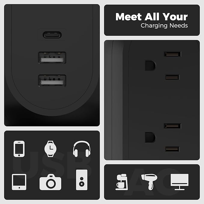 TESSAN Surge Protector Power Strip Tower with 3 USB Ports 11 Outlets, 1875W/15A, Black Extension Cord 6 Feet, 1050J Protection Desktop Charging Station for Office School Dorm Room Essentials