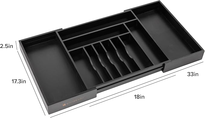 Premium Silverware, Flatware and Utensil Organizer for Kitchen Drawers, Food-Safe Contract Grade, Expandable from 18 to 33 In, Black Bamboo