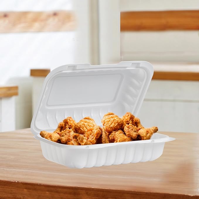 Food Containers 27 oz 9x6 50 Pack - Shrink Wrap Clamshells with Locking Hinge | BPA Free Mineral Filled PP | Freezer & Microwave Safe | Commercial White Reusable Meal prep Boxes for Takeout