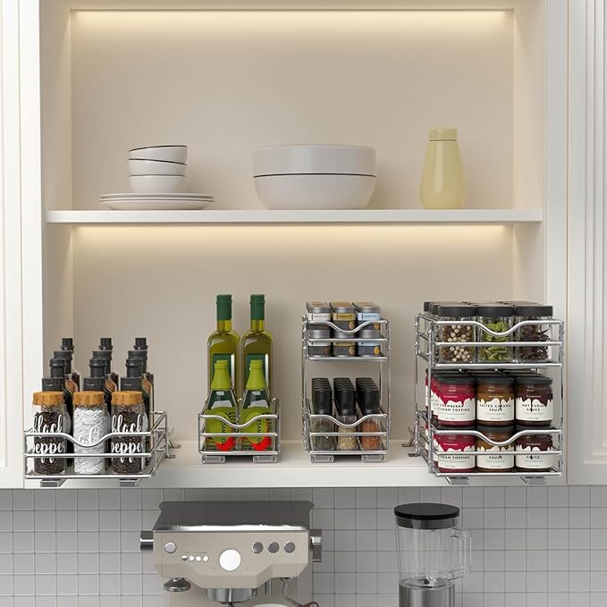 OCG 2 Tier Pull Out Spice Rack Organizer(8.3" W x 10.4" D) for Cabinet, Slide Out Seasoning Organizer Fits Spices, Sauces, Cans etc