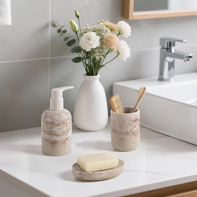 Bathroom Accessories Set, 3 Pcs Decorative Bathroom Essentials with Lotion Soap Dispenser, Toothbrush Holder, Soap Dish, Bathroom Sink Set for Home Bathroom Decor, Housewarming Gift Bathroom Accessory