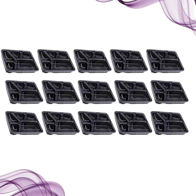 Hemoton 15pcs Disposable Bento Box 5 Compartment Meal Prep Container with Lid Microwave Heating Food Box for Home Restaurant (Black)