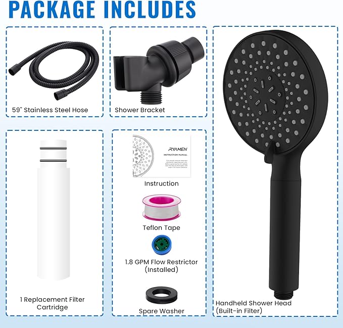 Ryamen Filtered Shower Head with Handheld, High Pressure 9-Spray Modes Detachable Shower Head with Filter for Hard Water-Remove Chlorine & Impurities, Improve Skin & Hair Health, Matte Black