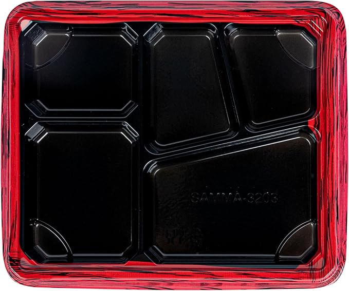 Restaurantware-Bento Tek 18.3 Ounce Meal Prep Containers, 100 Disposable To Go Food Boxes - Lids Sold Separately, 5 Compartments, Red And Black Plastic Bento Lunch Boxes, Freezable, For Take Out