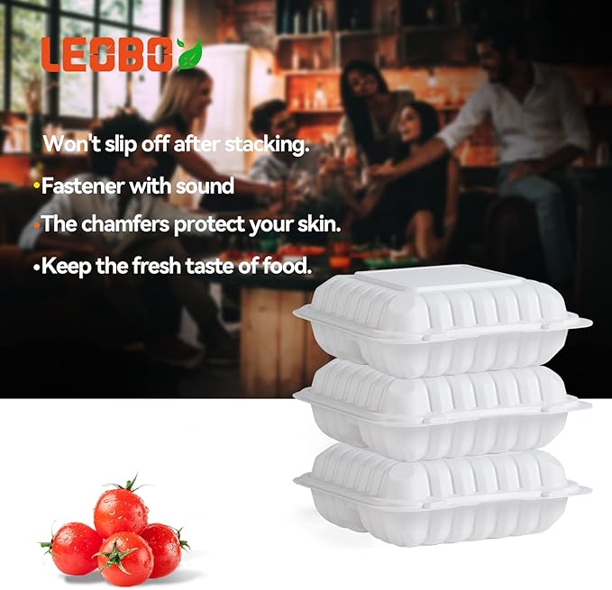 Takeout Container Mineral Filled PP Plastic - 55 Pack 8 Inch 34oz | Shrink Wrap BPA Free Food Container | Freezer & Microwave Safe for Food Delivery | White 3 Compartment Disposable Lunch Boxes
