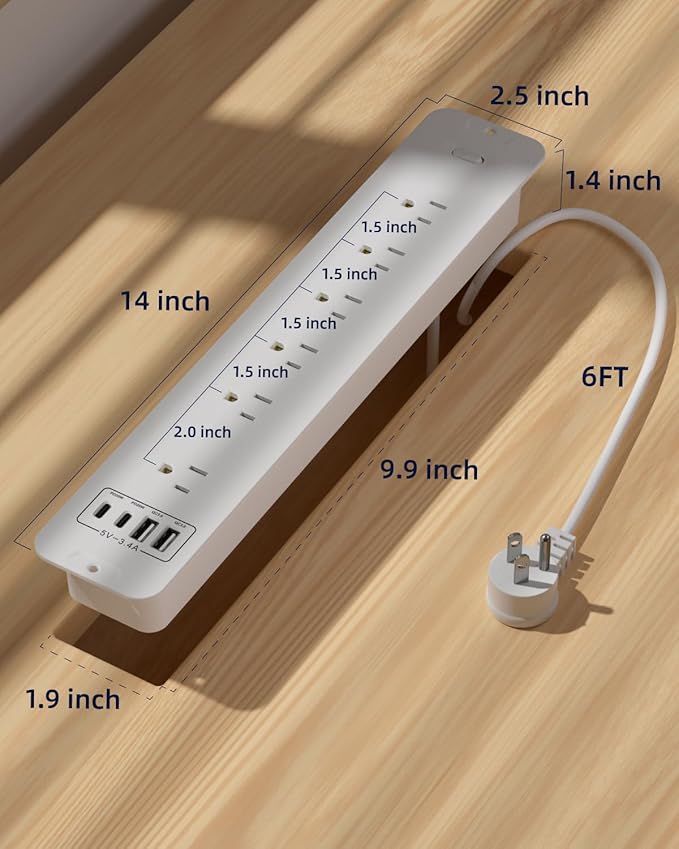 Recessed Power Strip Extension - 10 Outlet Surge Protector with 6 AC - 2 USB-A(18W) and 2 USB-C(PD20W) Ports - Flush Mount Desk Outlet with 6 Feet Cord - for Conference Table (White)