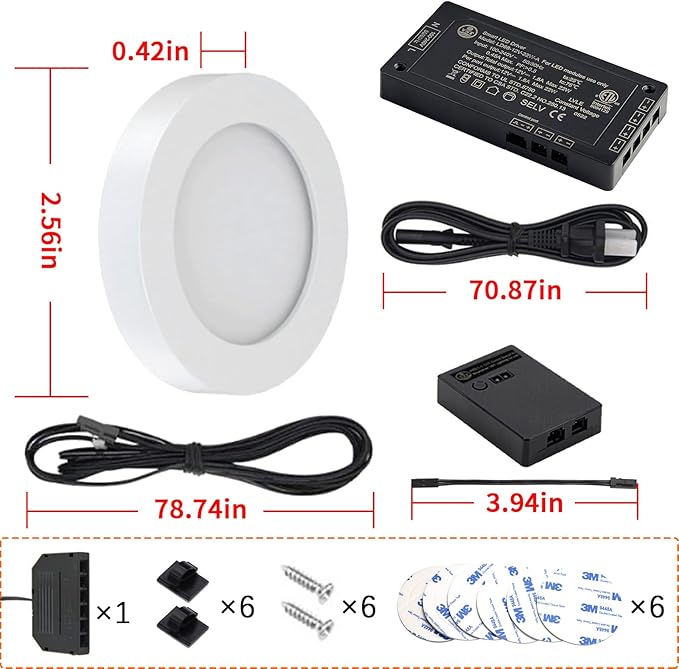 VST Smart Under Cabinet Lighting Work with Alexa Google Home Assistant App Remote Control, Recessed or Surface Mount 12V 2W/pc Puck Light for Kitchen Under Counter, Display Case, 6 Pack 3000K~6000K.