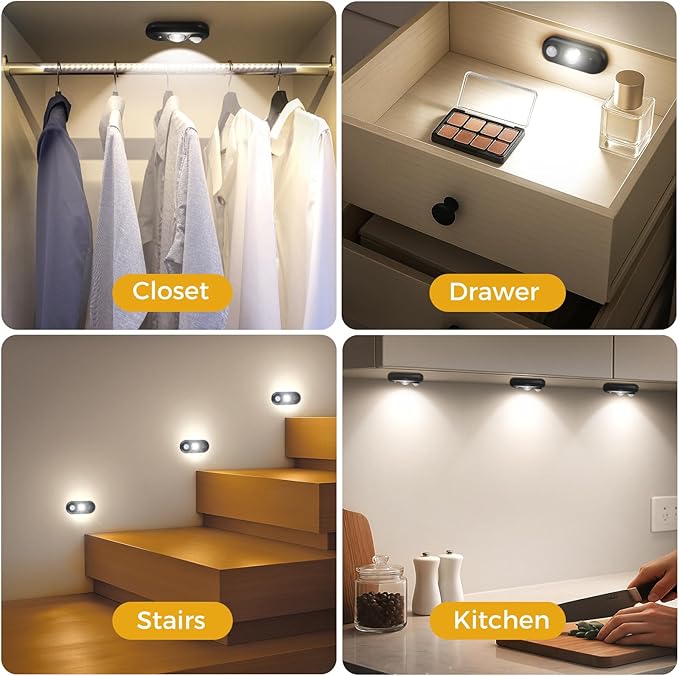 LED Motion Sensor Puck Lights, Small Rechargeable Under Cabinet Light, Dimmable Daylight White Closet Lights, Wireless Under Cabinet Lighting for Drawer, Kitchen (4 Pack)