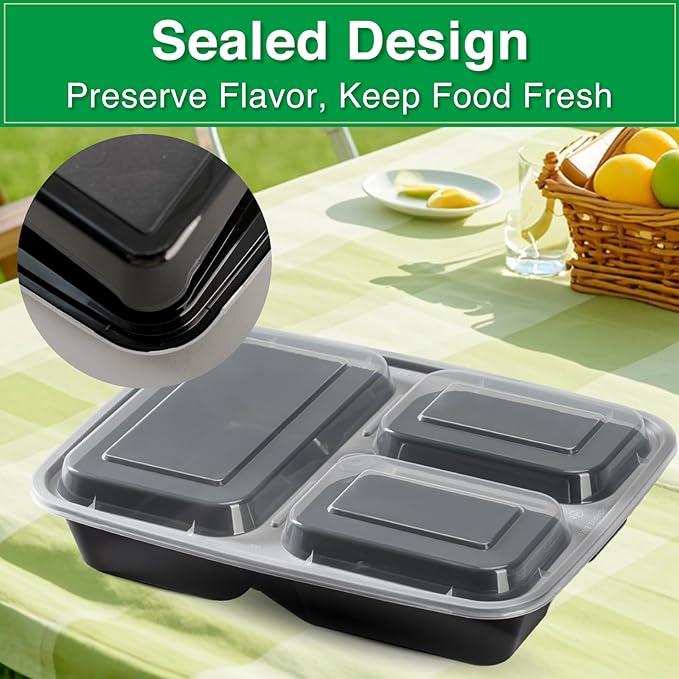 Meal Prep Containers 3 Compartment 20 Pack, 32 oz Divided Reusable Food Storage Containers with Lids Takeout Food Storage Black with 20 Forks, Microwave Dishwasher Freezer Safe, BPA Free