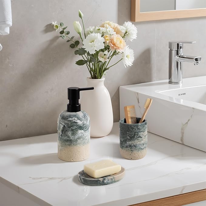 Bathroom Accessories Set, 3 Pcs Decorative Bathroom Essentials with Lotion Soap Dispenser, Toothbrush Holder, Soap Dish, Bathroom Sink Set for Home Bathroom Decor, Bathroom Accessory Housewarming Gift
