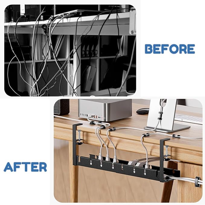 Extendable Under Desk Cable Management Tray | No Drill Adjustable Height Standing Desk Wire Organizer with Screw Mount Clamp & 2 Pcs Cable Sleeves | Under Table Cord Management with Tools, Accessories