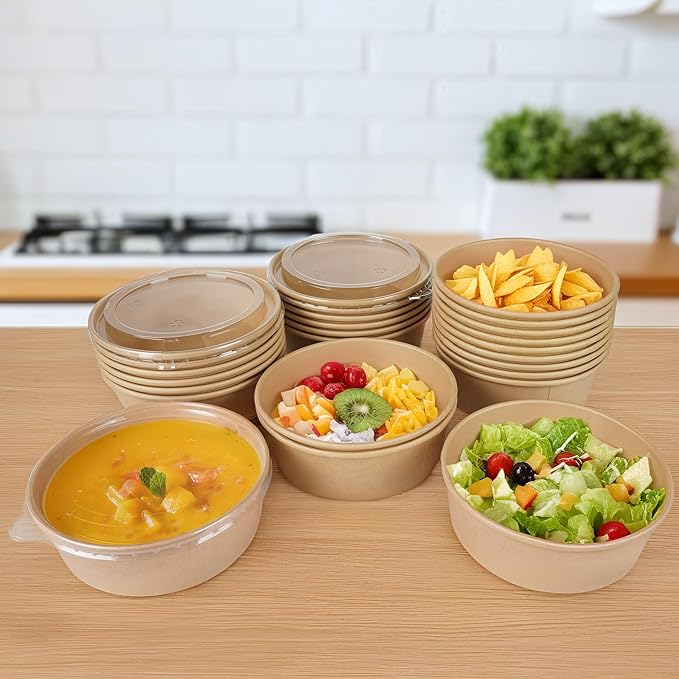 50 Pack Disposable Salad Bowls with Lids, 17oz Round Microwave-Safe Meal Prep Containers for Food Storage, BPA-Free Leakproof Heavy Duty Paper Bowls, Perfect for Parties, Picnics, Takeout
