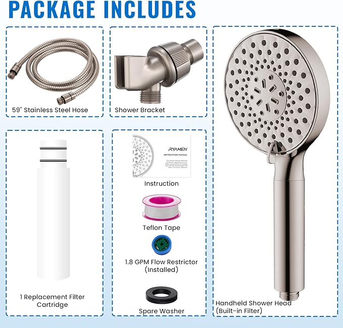 Ryamen Filtered Shower Head with Handheld, High Pressure 9-Spray Modes Detachable Shower Head with Filter for Hard Water-Remove Chlorine & Impurities, Improve Skin & Hair Health, Brushed Nickel