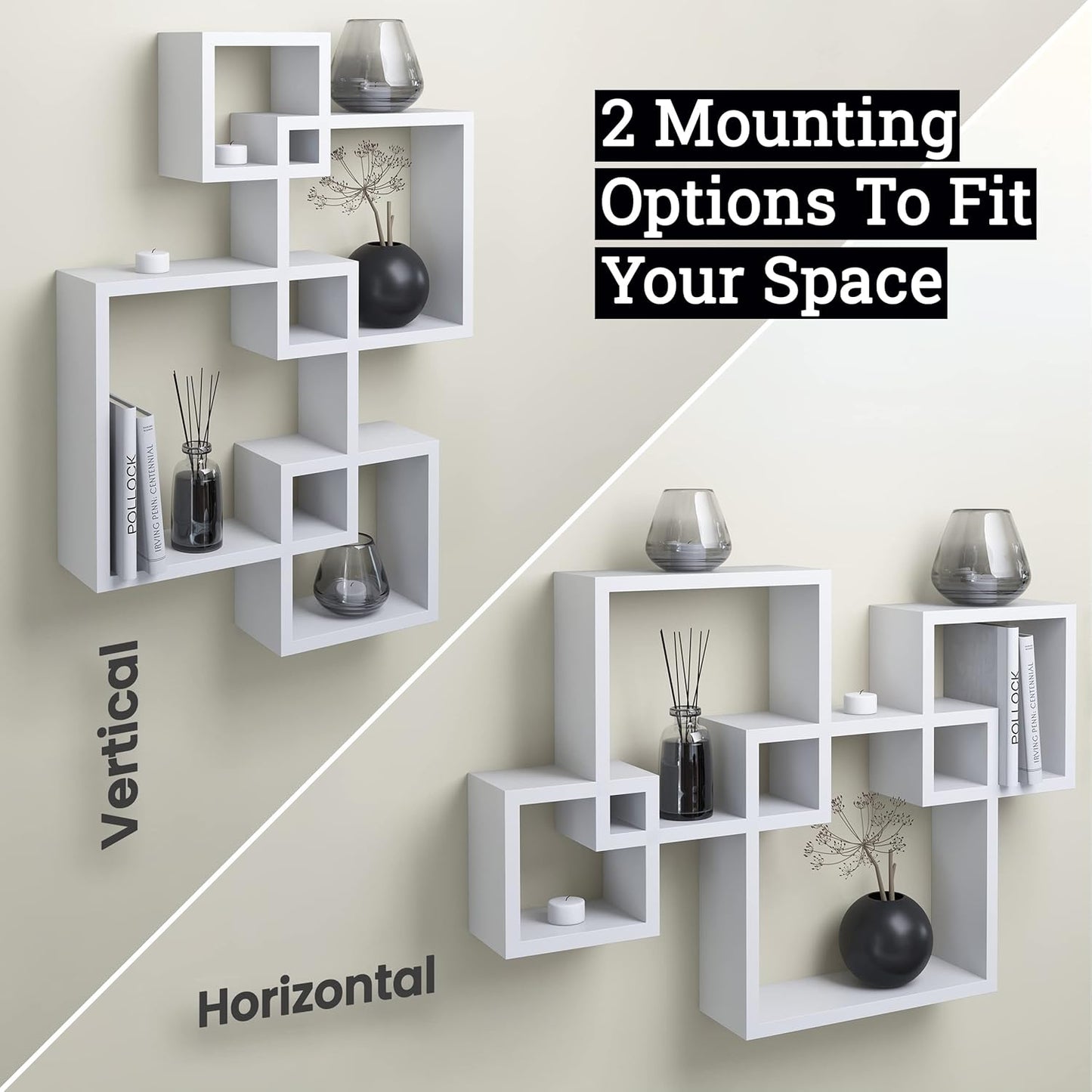 Greenco Gray Floating Cube Shelves - Intersecting Wall Mounted Shelves - Bedroom Decor for Men - Wall Decor Square Shelves for Bedrooms, Living Rooms & More - Set of 4 Box Shelves