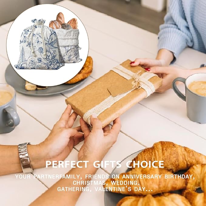 UTELKA Chinoiserie Beeswax Bread Bag Linen Bread Bags for Sourdough Bread 2Pcs, Reusable Homemade Bread Bags for Flroal Baker Gifts for Women Kitchen Housewarming Gifts 16.5×12