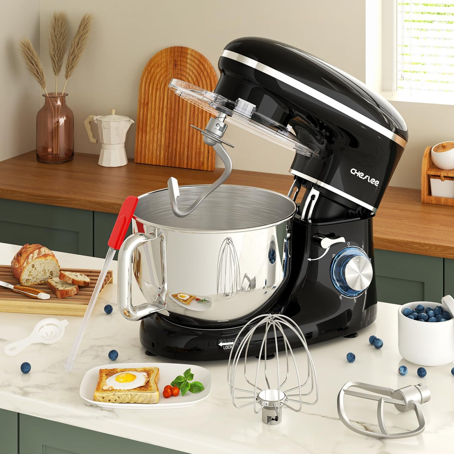CHeflee Stand Mixer,600W 6+P With 6.5QT Stainless Steel Bowl,Dough Hook, Wire Whip & Beater,for Most Home Cooks,Black