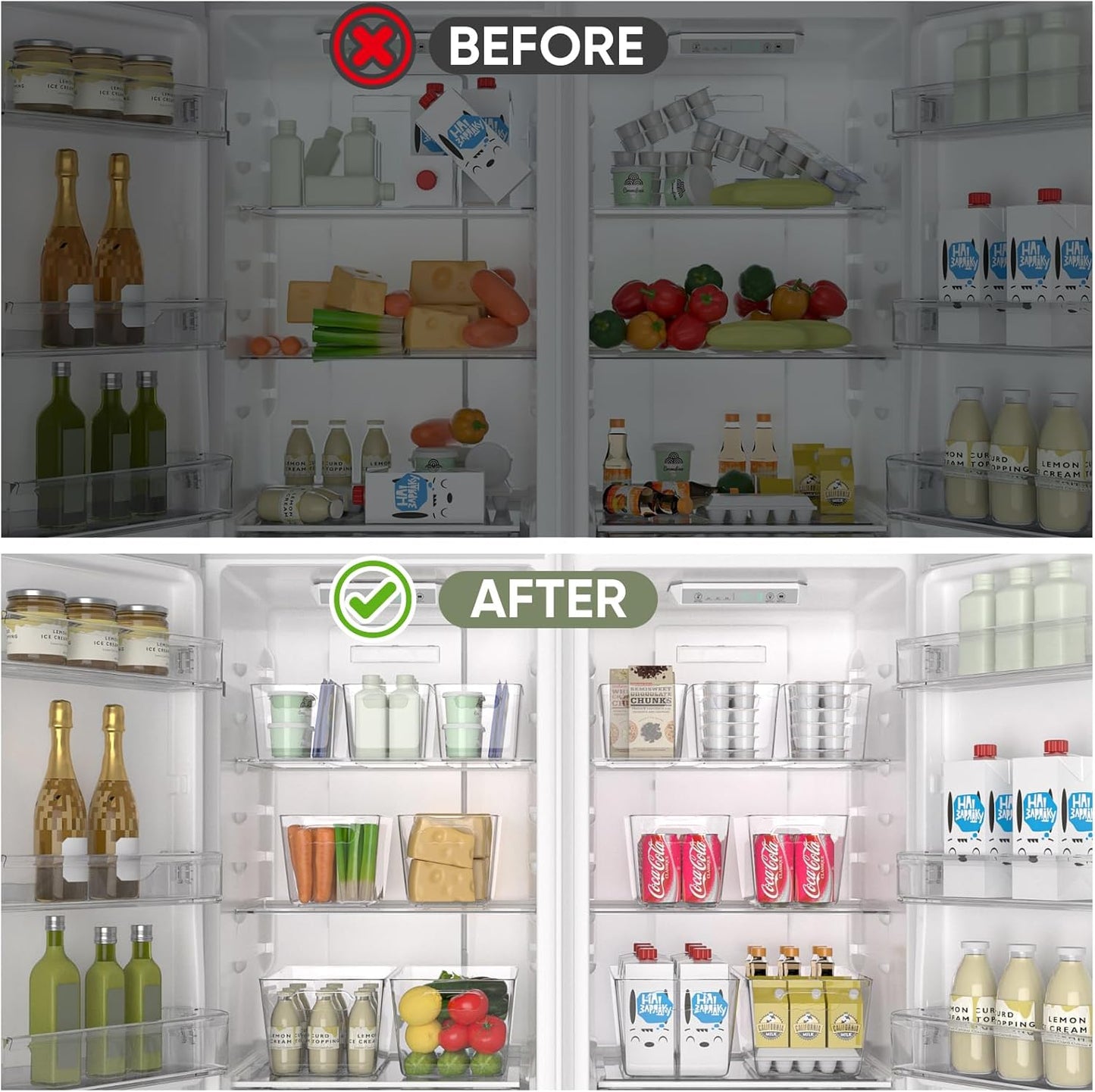 BALEINE Clear Plastic Storage Bins, Pantry Organization, BPA Free Stackable Refrigerator Organizers and Storage with Handles for Kitchen Fridge Cabinet Bathroom (6PK, 11x7.5x6)