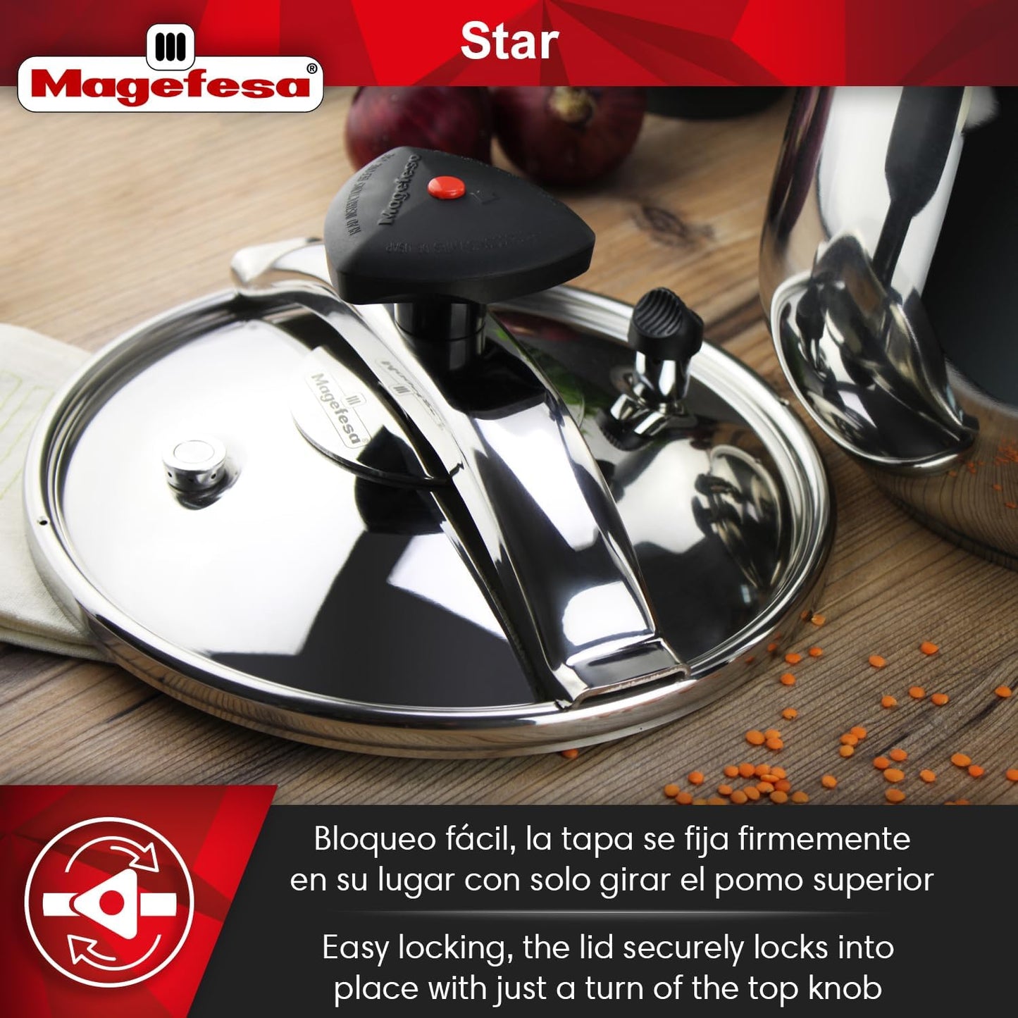 MAGEFESA Star Pressure Cooker, 10.6-Quart, 18/10 Stainless Steel, Works on All Stovetops (Induction Compatible), Safety Lock & 8 PSI Cooking