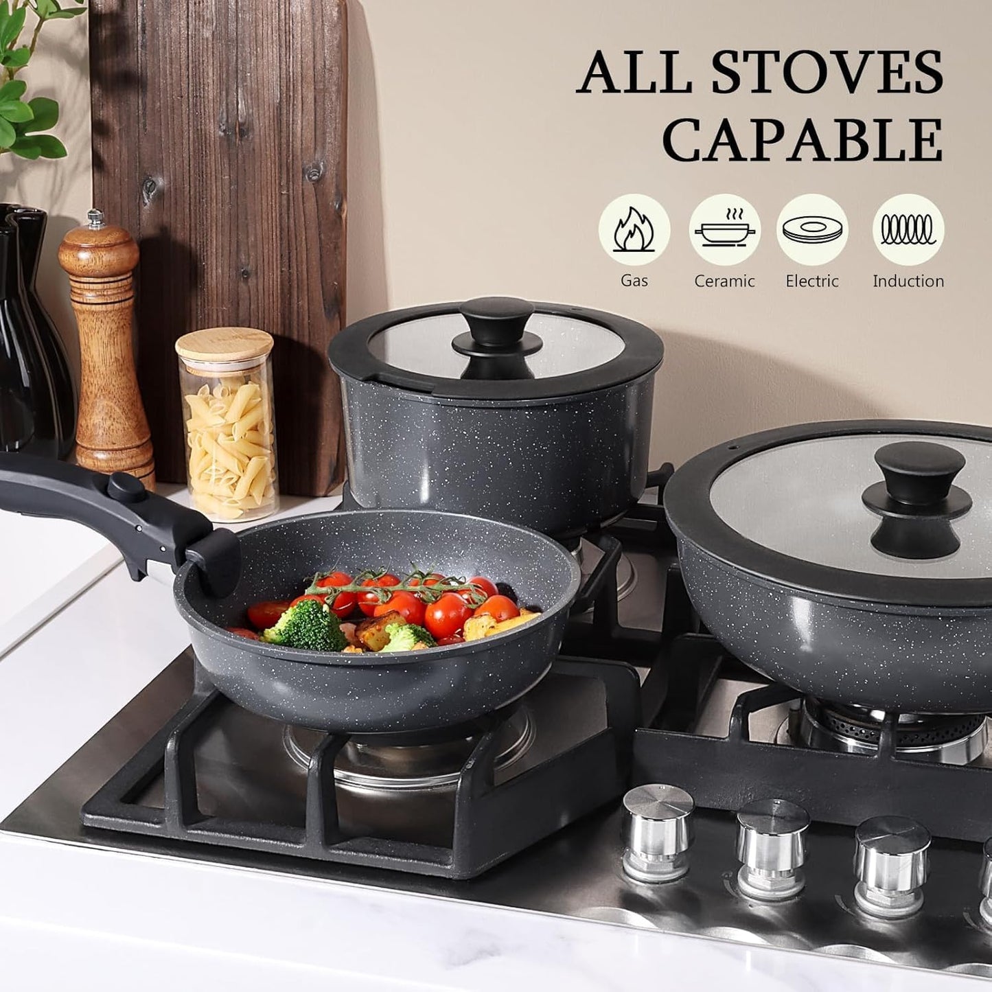 GiPP Ceramic Pots and Pans Set Non Stick, Nonstick Detachable Handle Cookware Sets, Non Toxic Induction Kitchen Pot and Pan with Removable Handle, Healthy RV Cookware, Dishwasher &Oven Safe, 5 Piece