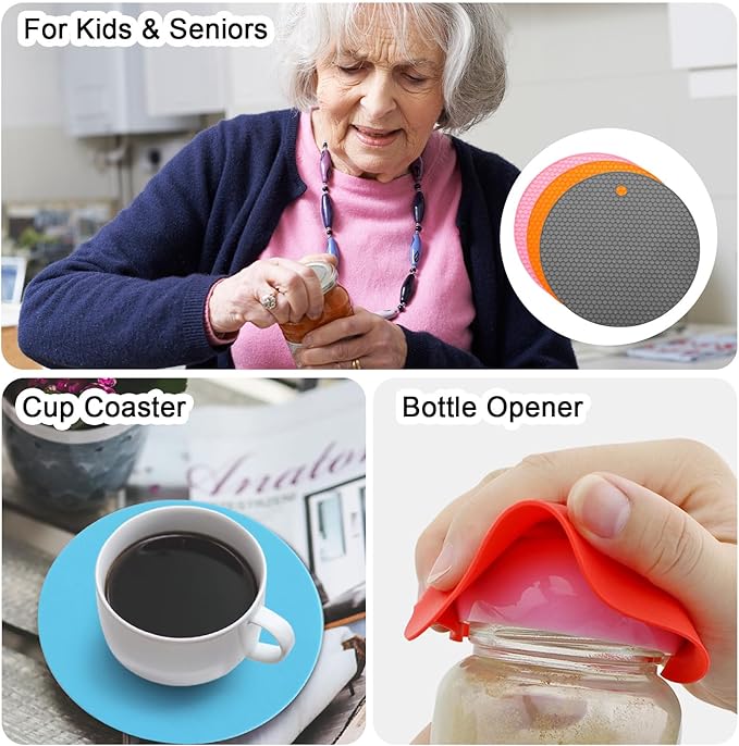 uxcell 3pcs Silicone Jar Opener Pads, 17.5cm/7" Texture Can Opener Multipurpose Round Bottle Lid Opener Non-Slip Coasters for Weak Hands Seniors Children, Pink, Orange, Gray