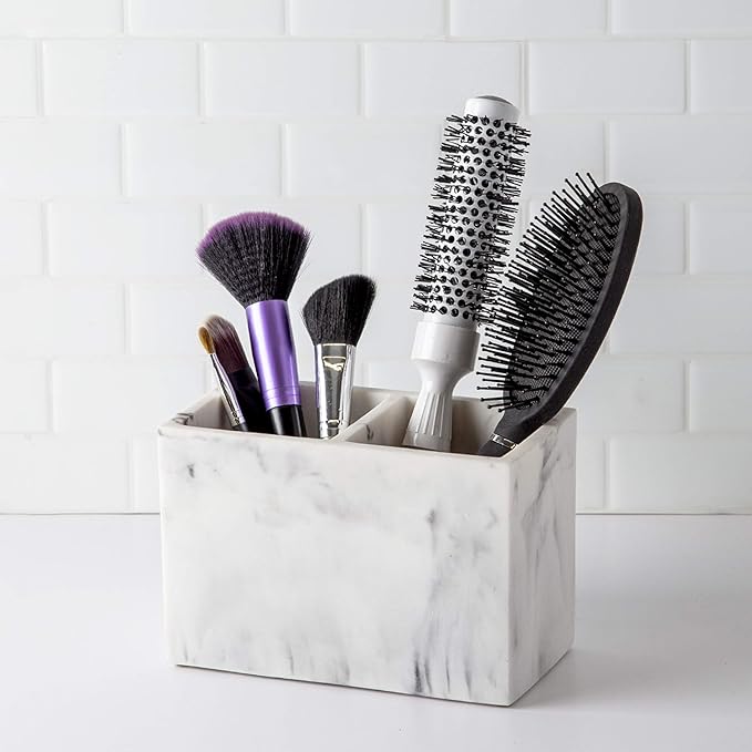 BINO | Multi-Purpose 2 Compartment Organizer - Elegant Makeup Brush & Toothbrush Holder for Bathroom and Vanity | Marble Stylish Accessories for Organization