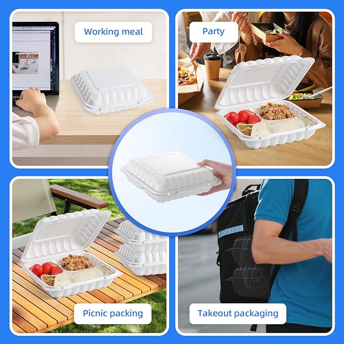 YANGRUI Food Containers 7.8" 30 oz 65 Pack - Shrink Wrap Mineral Filled BPA Free PP Plastic | Heavy Duty Microwave Safe | Individual Portion 3 Compartment | Restaurant White Takeout container