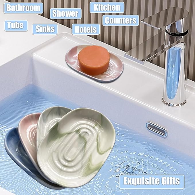 Soap Dish Ceramic, Decorative Ceramic Soap Holder with Unique Marble Textures, Bar Soap Holder for Shower, Bathroom, Kitchen, Tubs, Sink, Hotels, Counters (Pink Texture)