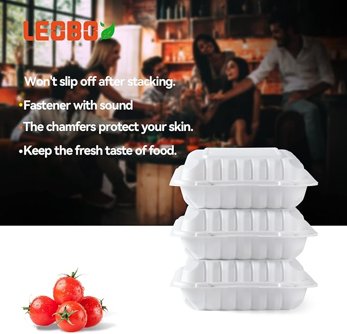 Takeout Container Mineral Filled PP Plastic - 8 Inch 34oz 55 Pack | Shrink Wrap BPA Free To Go Boxes | Reusable Dishwasher Microwave Freezer Safe for Food Delivery | White Disposable Containers