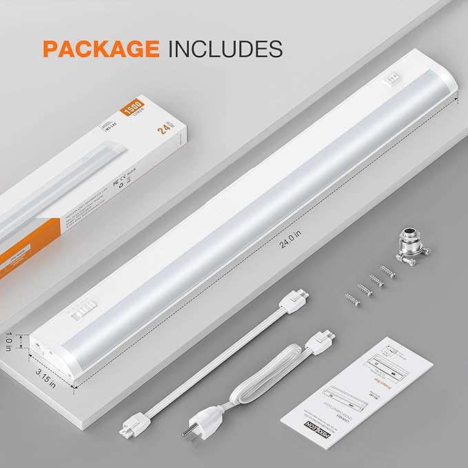 24inch Linkable Under Cabinet Lighting Hardwired Plug-in, Wired led Under Cabinet Lights with 5 CCT (2700/3000/3500/4000/5000) & Dimmable, Under Counter Lights for Kitchen, 15W, 1500LM, 1 Pack