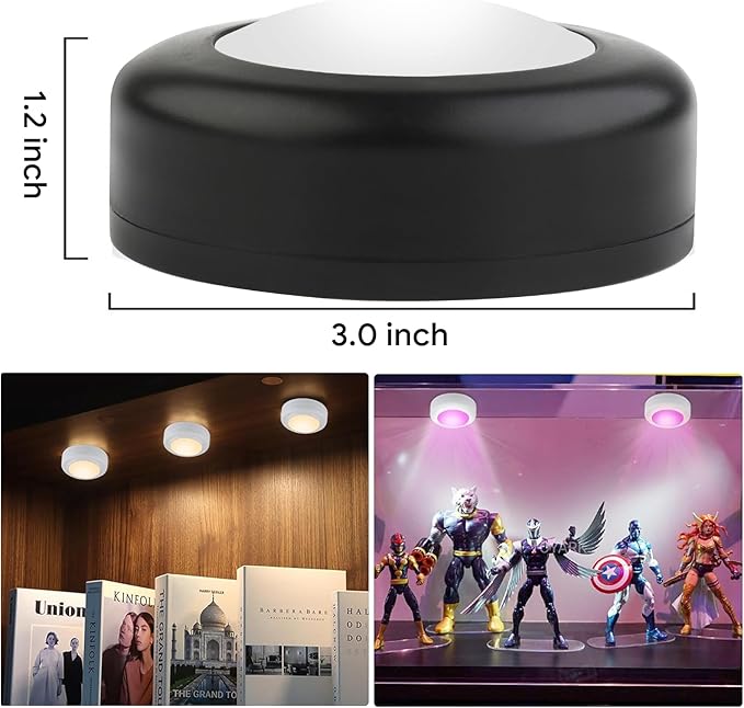Yiliaw LED Puck Lights with Remote Control, AA Battery Operated, 12 Color Closet Under Cabinet Lighting, Push Tap Light, Under Counter for Kitchen, 6 Pack, Black-Magnetic