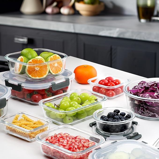 VERONES 30 Pieces Glass Meal Prep Containers Set, Stackable Glass Food Storage Containers with Lids-Airtight Glass Lunch Containers,for Microwave, Oven, Freezer & Dishwasher,Grey