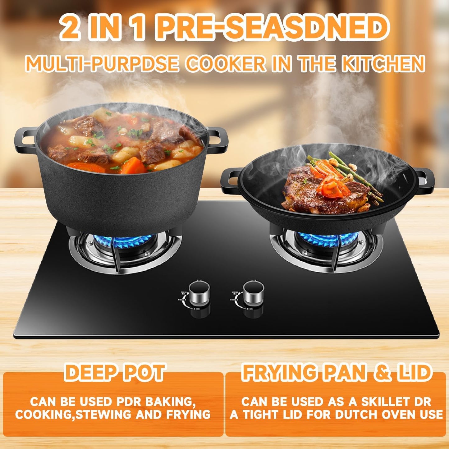 Cast Iron Dutch Oven Bread Baking Kit - 10-Piece Set with Banneton Basket, Dough Scraper, pizza shovel,Bread Lame, Whisk, Brush, and Silicone Grips with Skillet Lid Cooking Pan Handles Lame, 5QT